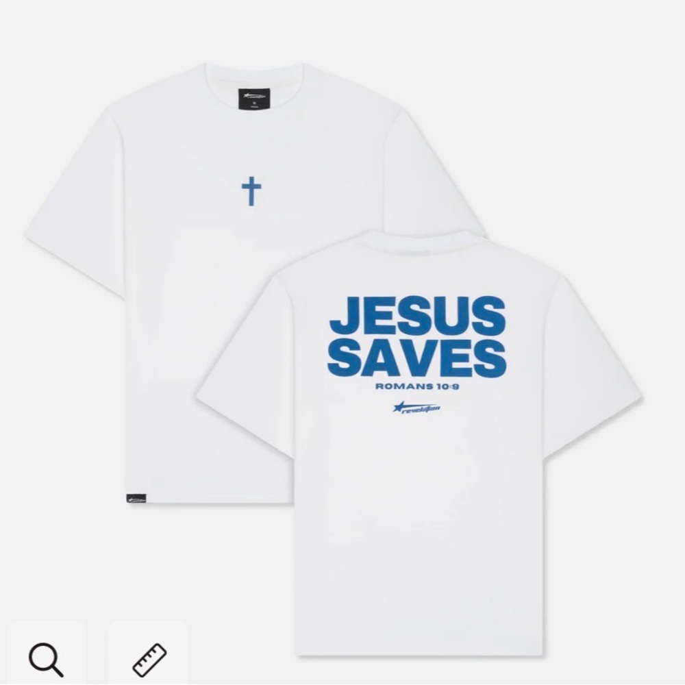 White 'Jesus Saves' Short Sleeve Tee with Blue Print